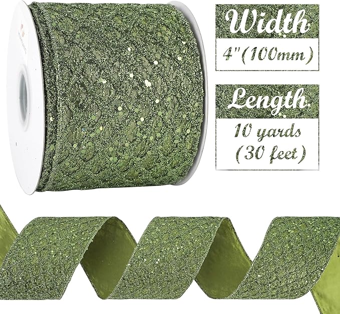 HUIHUANG Moss Green Wired Christmas Ribbon 4 inch Moss Glitter Wired Ribbon Diamond Mesh Wire Ribbon for X-mas Tree Decorations, Wreaths, Garland, Large Bows Making, Home Decor -10 Yards
