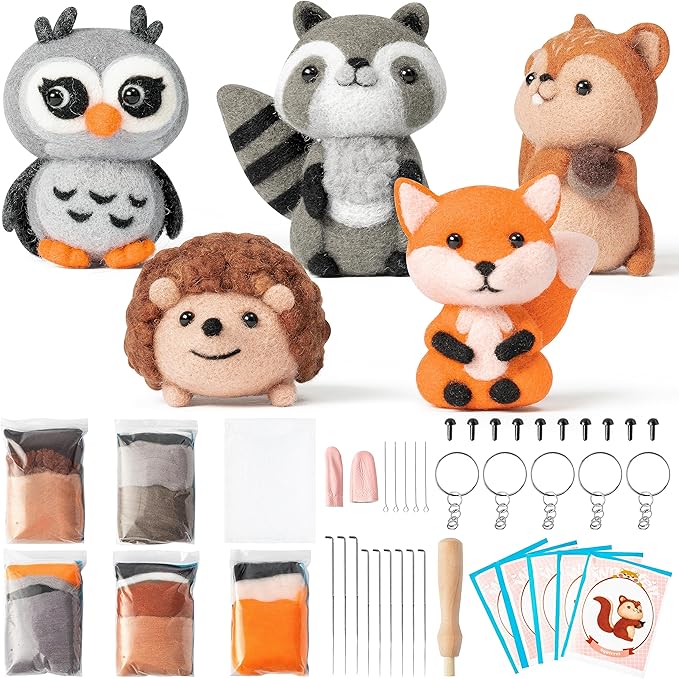 WATINC Needle Felting Kit - 5 Set Unique Different Cute Doll Wool Felt Needle Tools Foam Pad Instruction, DIY Home Decoration Craft Party Supplies for Art Work Starter Beginners (Woodland Animal)