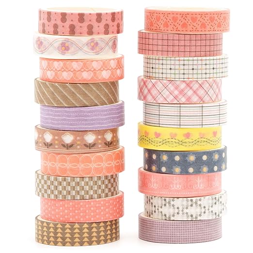 20 Rolls Basic Washi Tape Set Japanese Arts Adhesive Tapes Simple Patterns Decorative Masking Tape Sets for Craft, Kids, Scrapbook, DIY, Gift Wrapping (Style Six)
