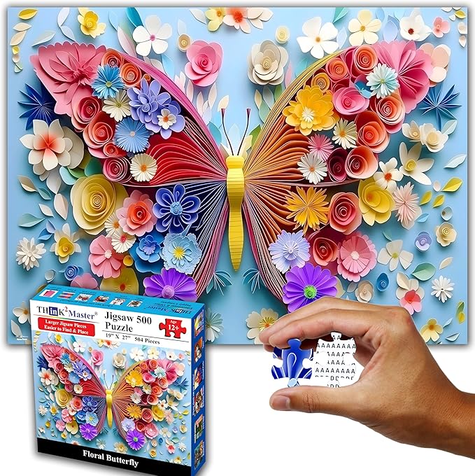 Think2Master Colorful Vibrant Flower Butterfly 500 Pieces Large Format Jigsaw Puzzle: Kids 12+, Teens, Adults & Families. Paper Art High Resolution. Great Gift. Size: 26.8” X 18.9”