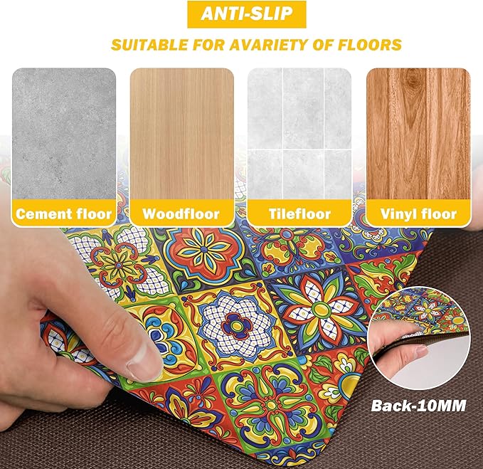 Boho Kitchen Rugs Set 2 Memory Foam Colorful Ceramic Comfort Tile Floor Mat Anti Fatigue Non-Skid PVC Runner Rug Water & Oil Proof Carpet for Kitchen Laundry Sink,17.3x28+17.3x47 Inch, C4