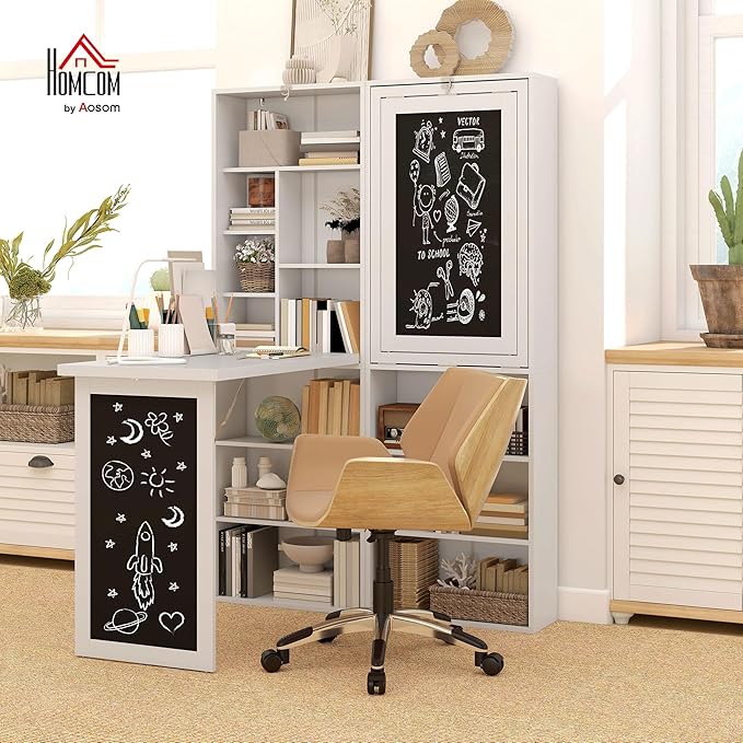 HOMCOM Fold-Out Convertible Writing Table, Wall Mount Desk Cabinet with Blackboard and Side Shelf Multi-Function Home Office Workstation, White