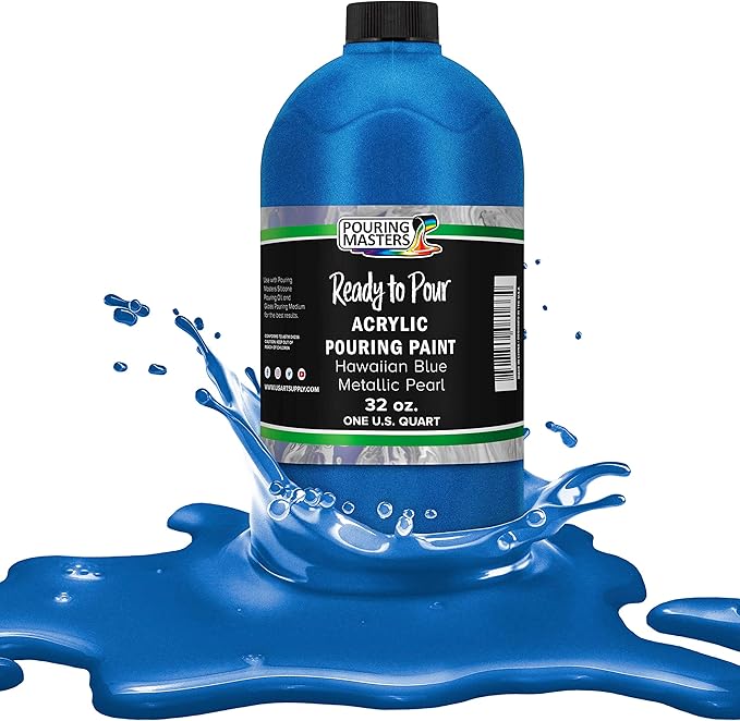 Pouring Masters Hawaiian Blue Metallic Pearl Ready to Pour Acrylic Pouring Paint - Premium 32-Ounce Pre-Mixed Fluid Acrylic Paint - Fluid Art Supplies for Canvas, Wood, Paper, Tile & Rocks
