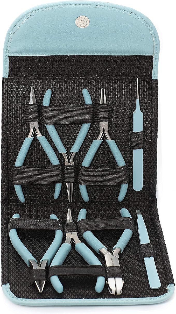 The Beadsmith Fashion Color Pliers – Set of 8 Slimline Color-Coordinated Tools – Matching Clutch in Light Blue – Jewelry Making Supply Kit to Create Necklaces, Bracelets, Earrings & More