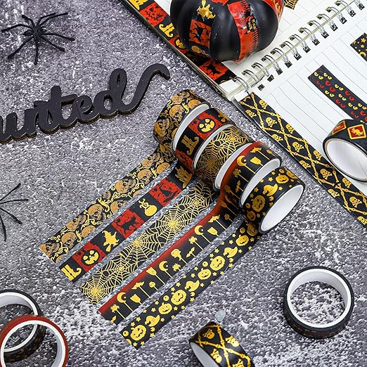 Whaline 12 Rolls Halloween Washi Tapes Red Black Foil Gold Decorative Tapes Skull Spider Web Pumpkin Pattern Masking Tapes for Halloween Scary Scrapbook Journal DIY Craft Gift Wrapping, 9.8Ft