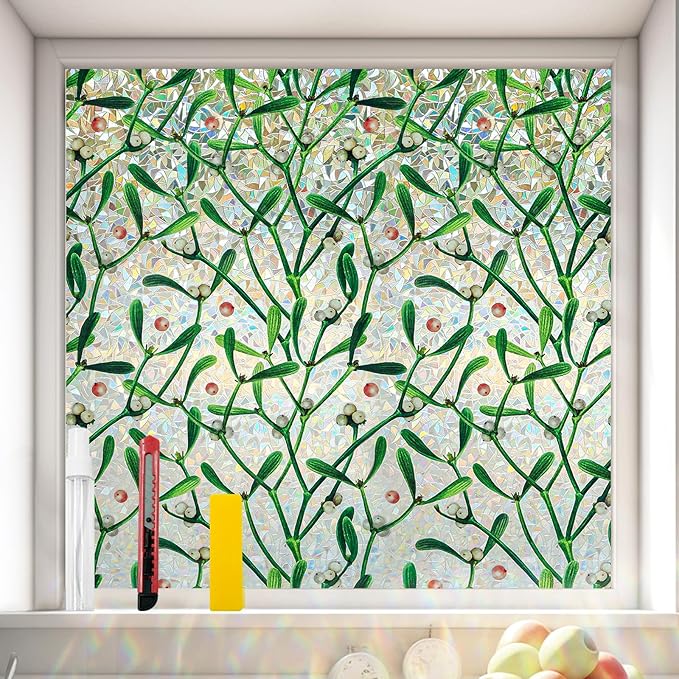 Window Privacy Film Stain Glass Window Film Rainbow Window Film Window clings Non-Adhesive Reusable Decorative for Room (Mistletoe Rainbow, 35.4 x 78.7 in)