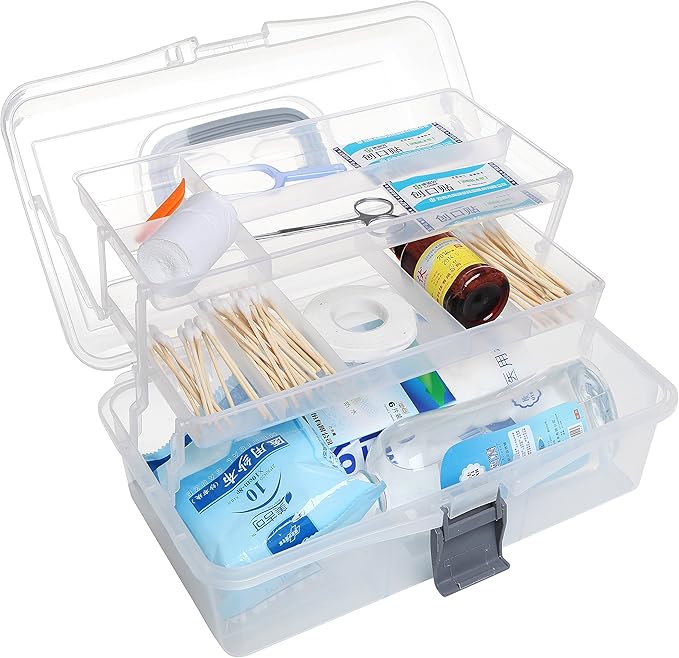 MyGift 13 Inch Transparent Plastic Empty Multipurpose Storage Box with Gray Handle, Latching Lid and 2 Expandable Trays for Tools, First Aid, Sewing Kit, Arts Crafts Supplies