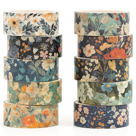 10 Rolls Blooming Flowers Washi Tape Set Floral Arts Adhesive Tapes Colorful Garden Decorative Masking Tape Sets for Craft, Kids, Scrapbook, DIY, Gift Wrapping (6-Silence)