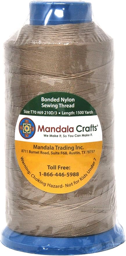 Mandala Crafts Bonded Nylon Thread Khaki Heavy Duty Sewing Threads - 1500 YDs Size 69 210D T70 Tex 70 Thread for Leather Jeans Weaving Outdoor Marine Upholstery Threads