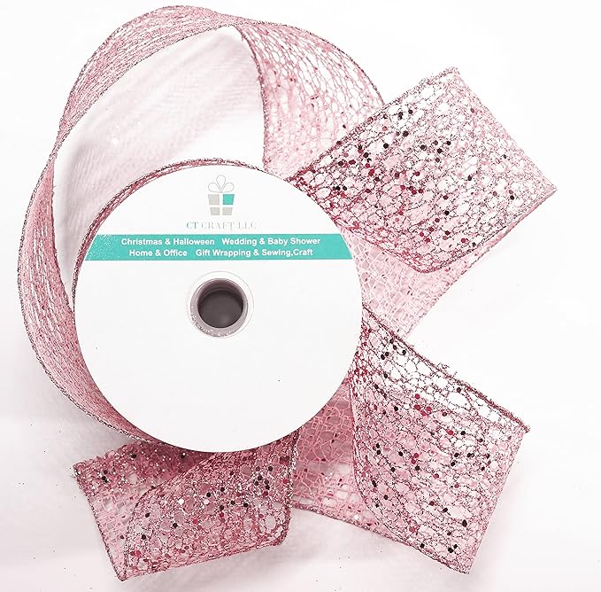 CT CRAFT LLC Sparkling Glitter Mesh Wired Ribbon 2.5" x 10 Yards Rose Gold for Christmas Home Decor Bow Gift Wrapping DIY Crafts Wreath