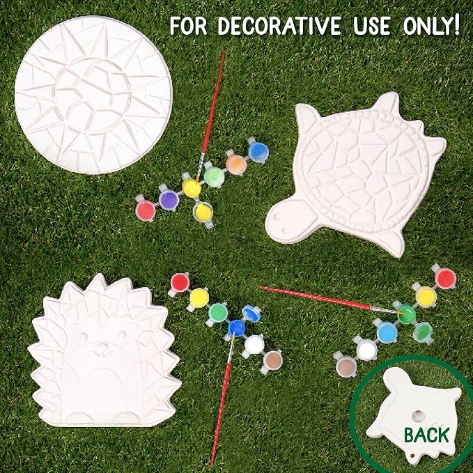 Creative Roots Mosaic Turtle, Hedgehog, & Sun - 3-Pack 7-Inch Ceramic Stepping Stones & 6 Vibrant Paints, Paint Your Own DIY Stepping Stones for Kids Ages 8+