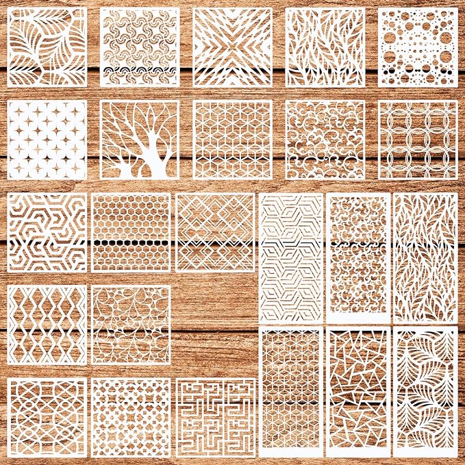 WSICSE 24Pcs Stencils for Painting, Reusable Geometric Painting Stencils Abstract Layering Stencil for Painting on Wood Canvas Furniture Floor Decor DIY Supplies, white