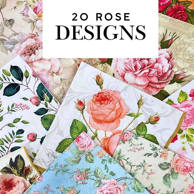 Mystery Pack Decoupage Paper Napkins, 20-ct Assorted Surprise Napkins, Decorative Napkins Roses Floral Flowers for Art Craft Junk Journal, 20 Different Designs