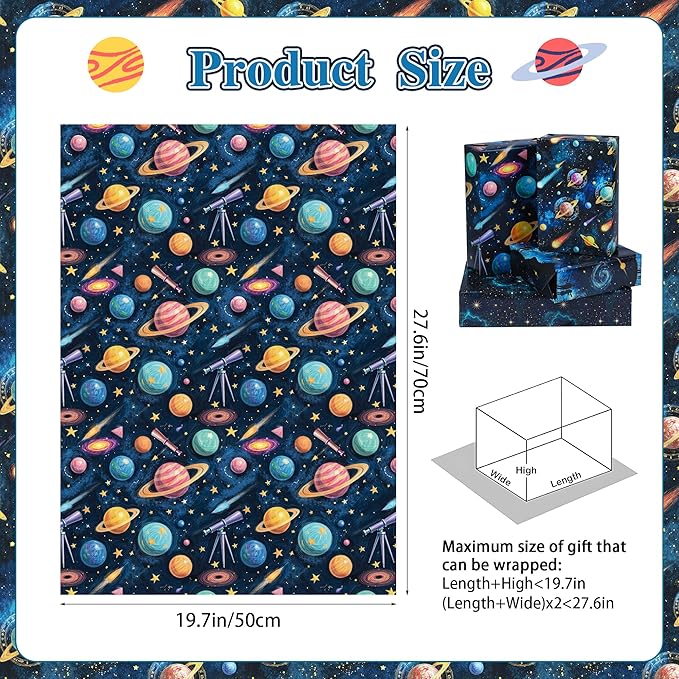 Pineraap 12 Sheets Galaxy Telescope Wrapping Paper, Starry Sky Gift Wrap Folded Flat Blue Space Craft Paper for Astronomy Lovers Birthday Party Baby Shower Present Packing, 19.7 x 27.6 Inch
