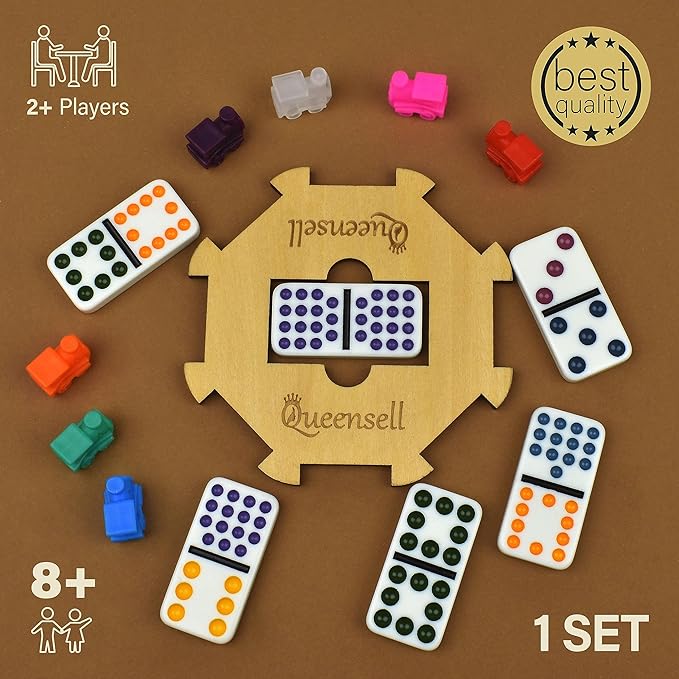 Queensell Mexican Train Dominoes - 136 Colored Dot Double 15s, 9 Trains, Wooden Hub, Aluminum Case
