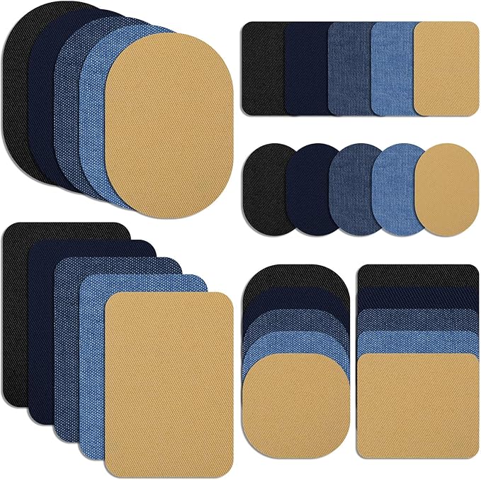 30 Pieces Iron on Fabric Patches Fabric Repair Patches Twill Clothing Repair Patch Kit for Jacket Clothes, 3 Sizes, 5 Colors (Black, Navy Blue, Dark Denim, Light Denim, Khaki)