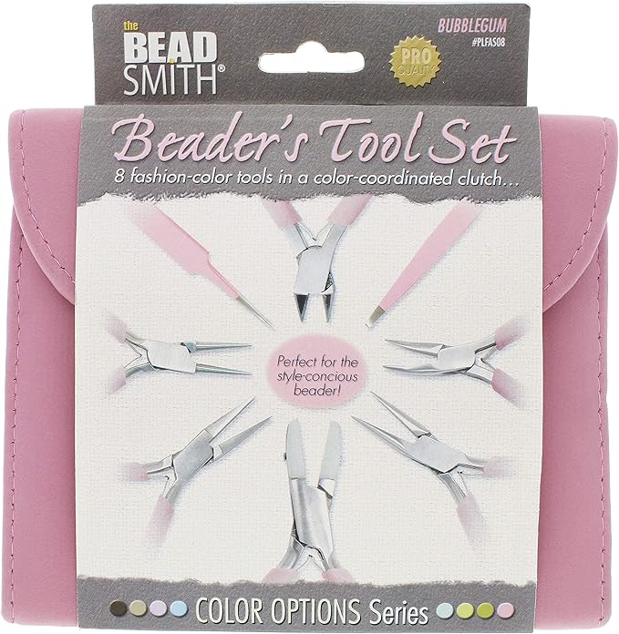 The Beadsmith Fashion Color Pliers – Set of 8 Slimline Color-Coordinated Tools – Matching Clutch in Bubblegum – Jewelry Making Supply Kit to Create Necklaces, Bracelets, Earrings & More
