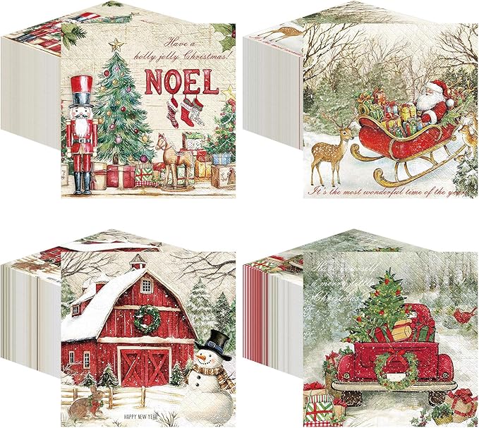Janlaugh 200 Pcs Christmas Cocktail Napkins Disposable Nutcracker Paper Napkins Decoupage 2 Ply Vintage Santa Beverage Dinner Towels for Xmas Party Favor Supplies