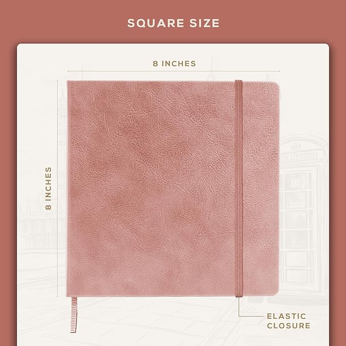 Beechmore Books Square Sketchbook – 8x8 Premium Vegan Leather Bound Large Sketch Book Hardcover with 156 Thick 160gsm Perforated Ivory Pages, Blank Sketch Pad, Gift Boxed Back Pocket, Ribbon Bookmark