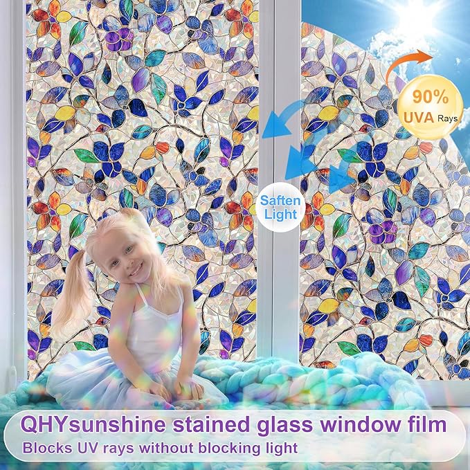 Stained Glass Window Privacy Film Decorative Rainbow Static Clings – Ideal for Home & Office, Adhesive-Free, Removable, UV-Blocking (Purple Rainbow, 35.4 X 78.7 in)