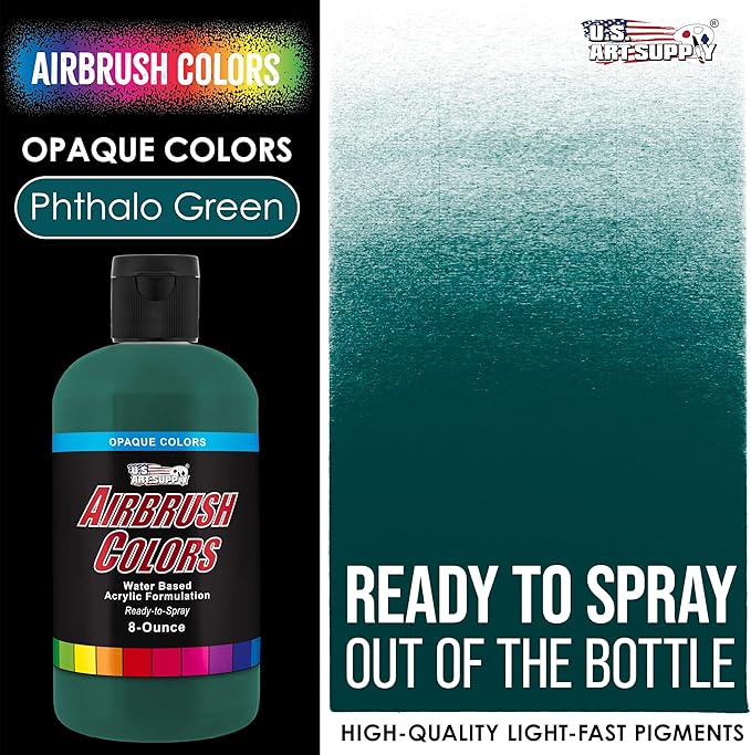U.S. Art Supply Opaque Phtalo Green Acrylic Special Effects Airbrush Paint - 8oz Ready to Spray Air Brush Paint for Nails, Models, Fabric - Water-Based Air Brush Painting