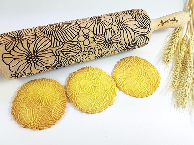 POPPY Embossing Rolling Pin with Wildflower Corn Poppies Pattern. Dough roller for embossed cookies and Pottery by Algis Crafts