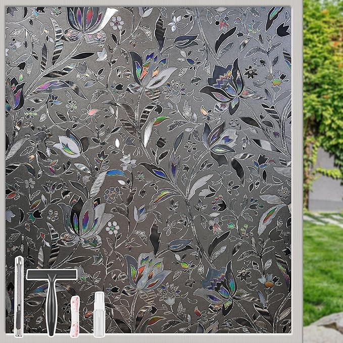 NINETREX Window Privacy Film,Decorative Window Film Frosted,Stained Glass Window Cling,Heat Blocker Non-Adhesive for Home,Grayish Black 35.4 x 78.7inch