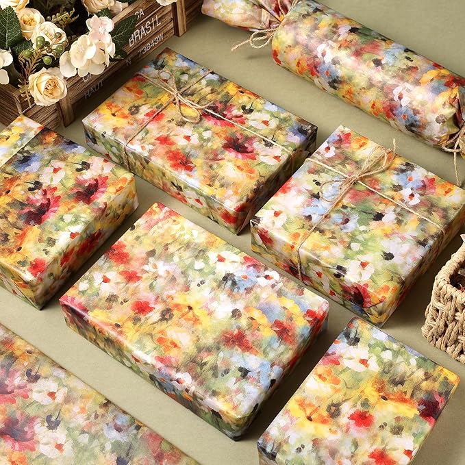 60 Sheets Monet Floral Garden Tissue Paper, 20 x 14 Inch Wildflower Monet Garden Patterns Art Wrapping Paper for Spring Birthday Wedding Spring Party Baby Shower Party Supplies