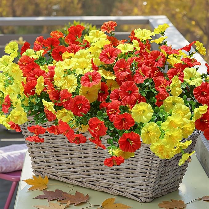 Fake Mums Fall Artificial Flowers Plants for Outdoors Autumn Decoration, 12 Bundles Silk Morning Glory with Eucalyptus Realistic UV Resistant Faux Mums for Outside Planter Yard Garden Home Indoor, Mix