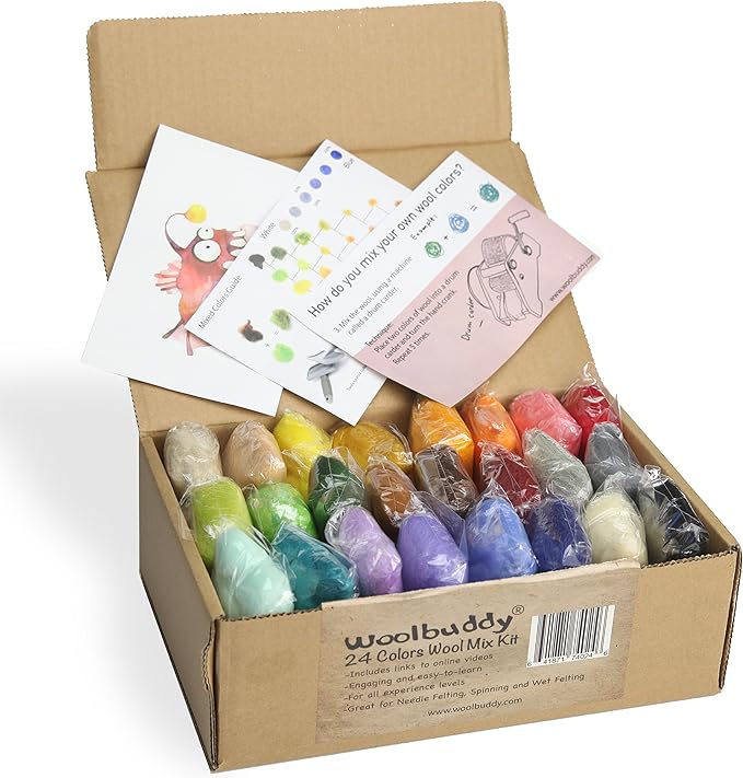 Woolbuddy Felting Wool Kit - 24 Vibrant Merino Wool Colors for Needle Felting, Wet Felting, and Crafts