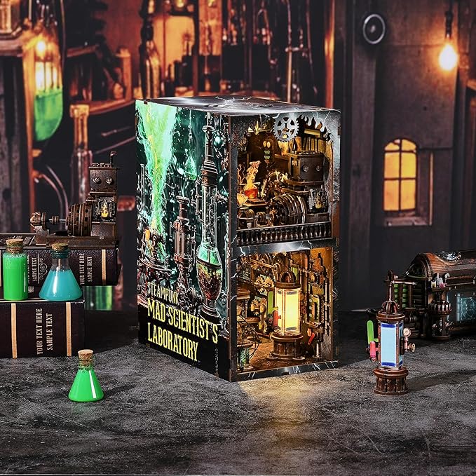 Book Nook Kit - DIY Miniature House Dollhouse Kit for Adults and Teens, Steampunk Booknook Tiny House Bookshelf Decor 3D Wooden Puzzle (Mad Scientist Lab)