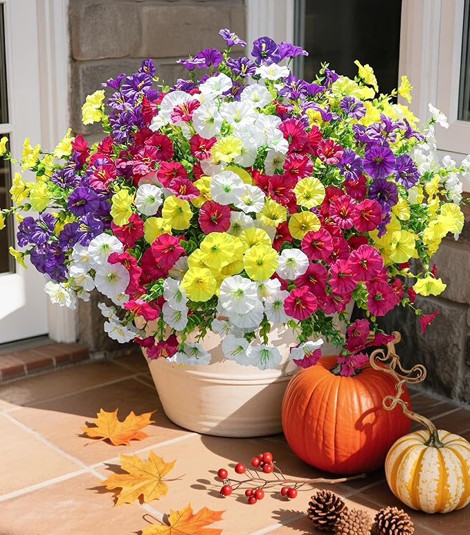Artificial Flowers Fake Plants for Outdoors Decoration, 12 Bundles Silk Morning Glory with Eucalyptus Realistic UV Resistant Faux Flowers for Outside Planter Porch Yard Patio Garden Home Indoor, Mix