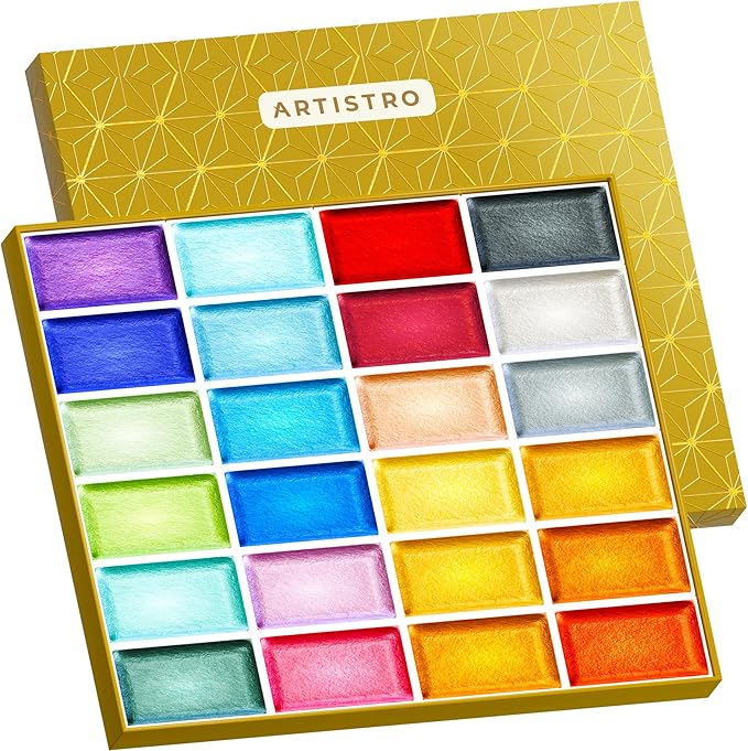 ARTISTRO Professional Metallic Watercolor Paint Set for Adults - 24 Pigment-Rich Colors, XL Pans, ASTM-I Lightfastness, High Tinting Strength Watercolor Set for Professionals made by professionals