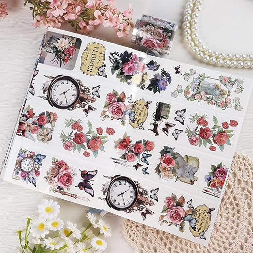 Vintage Flower PET Tape - Flower Butterfly Transparent Tape Junk Journal Supplies, Angel Cat Scrapbooking Tapes for Art Crafts Decorative Scrapbook Journal, Aesthetic Junk Journal Supplies