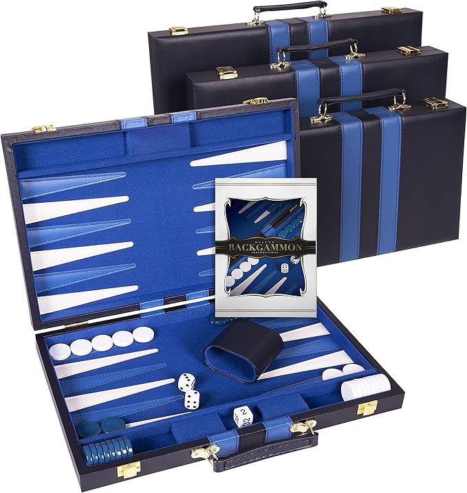 Classic 18-Inch Backgammon Set – Premium Folding Board Game with Leatherette Case, Felt Surface & Complete Accessories – Blue – for Adults & Kids