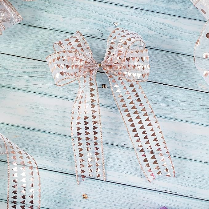 MEEDEE Heart Wired Ribbon - 2.5 Inch Rose Gold & Pink Sheer Organza Ribbon, 25 Yards Roll, Perfect for Valentine Bows & Decor