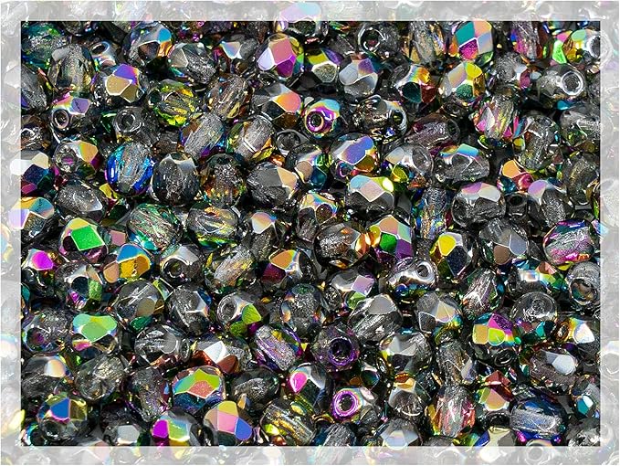 1.8 oz (50g, Approx. 600pcs) of Faceted Fire Polished Pressed Czech Glass Beads 4mm (0.16in), Crystal Vitrail 00030-28101 BCV