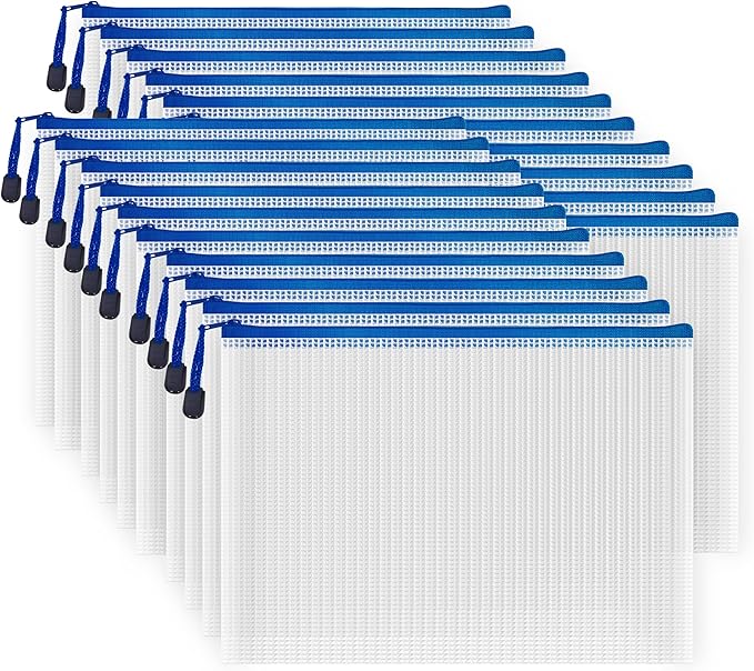 AUSTARK 20 Pcs Zipper File Bags, Plastic Mesh Pouch, Board Game Storage Bag, Waterproof Bags for Office School (B5 Size 11.4''x8.2'', White and Blue)
