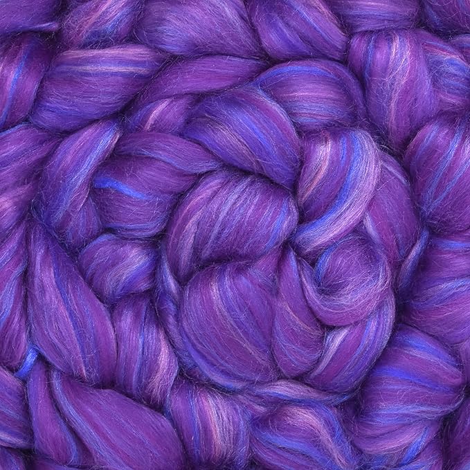 Merino Silk Luxe Tonal Designer Blend. Superfine Merino, Mulberry Silk, Tussah Silk. Top Roving for Spinning or Felting. Violet Volcano 1oz
