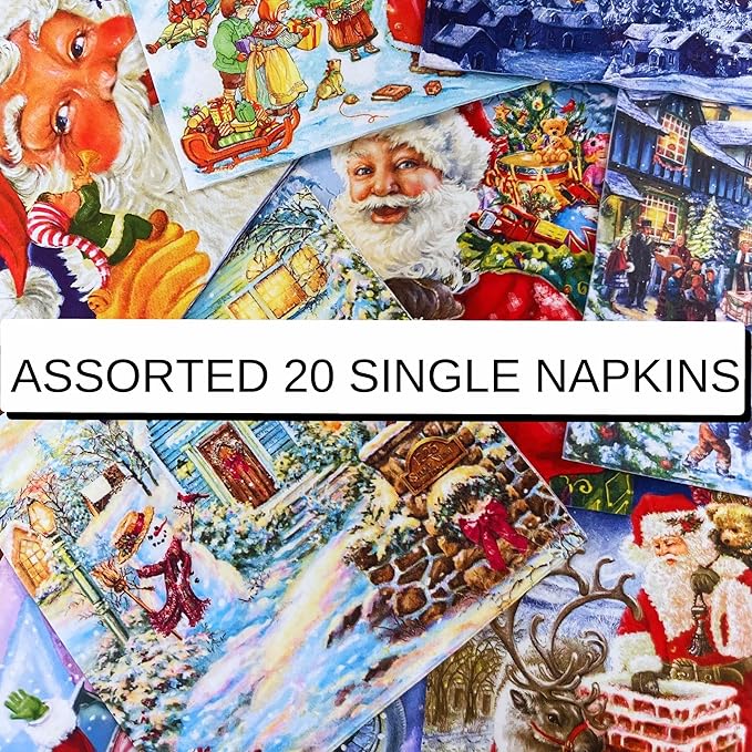 Keep Unique Mystery Pack Decoupage Paper Napkins, 20-ct Assorted Surprise Napkins, Decorative Napkins Christmas for Art Craft Junk Journal, 20 Different Designs