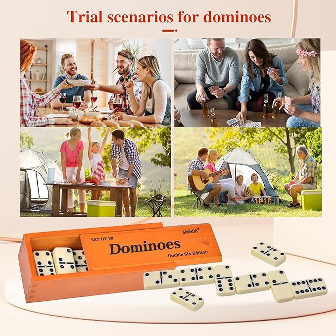 Smilejoy Dominos Set for Adults -Jumbo Size Dominoes Double Six Edition- Classic Board Games- Thick Size Double 6 Domino Set with Deluxe Brown Wood Box, 28 Tiles (2-4 Players)