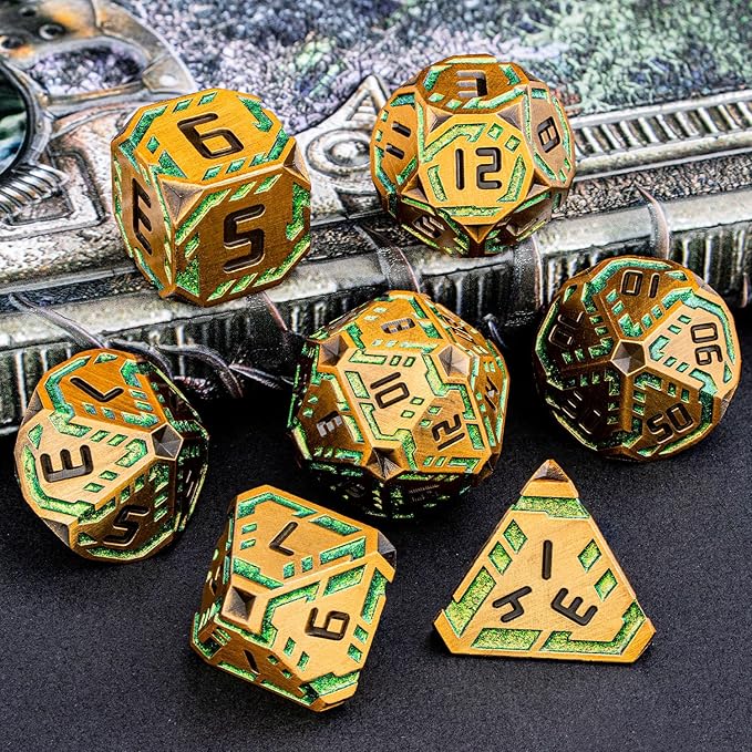 Metal DND Sci-fi Dice Set 7PCS Stripe Polyhedral Dice for Dungeons Dragons RPG Role Playing Game, Glitter D and D Dice with Gift Box D6 D8 D10 D12 D20 (Yellow Green)