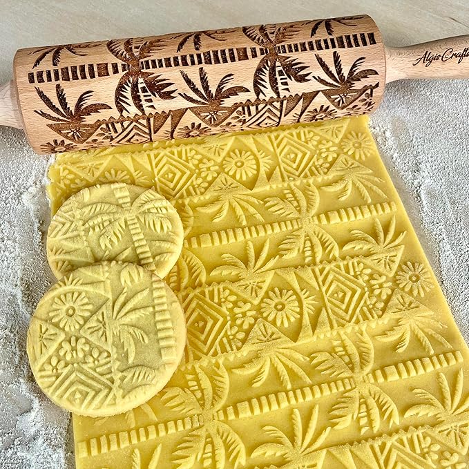 PALM TREE Embossing Rolling Pin with Tropical Pattern. Dough and Clay Roller for Embossed Cookies and Pottery. Cookie and Ceramic Stamp. Backing Gifts for Women by Algis Crafts