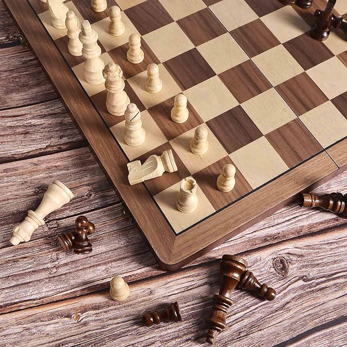 15" Wooden Chess Set with Magnetic Pieces - Extra Queens - Folding Chessboard Portable Travel Tournament Chess Board Games for Adults Kids