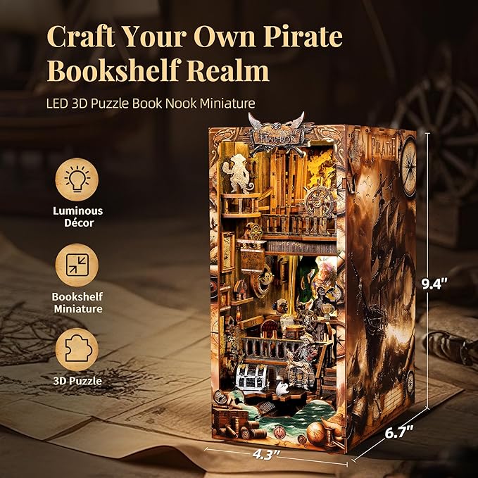3D Wood Puzzle Book Nook Kit, Pirate Bookshelf Insert with LED Lights, DIY Pirate Miniature Bookend Décor for Display, Unique Craft Gift for Adults and Teens (New World)