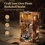 3D Wood Puzzle Book Nook Kit, Pirate Bookshelf Insert with LED Lights, DIY Pirate Miniature Bookend Décor for Display, Unique Craft Gift for Adults and Teens (New World)