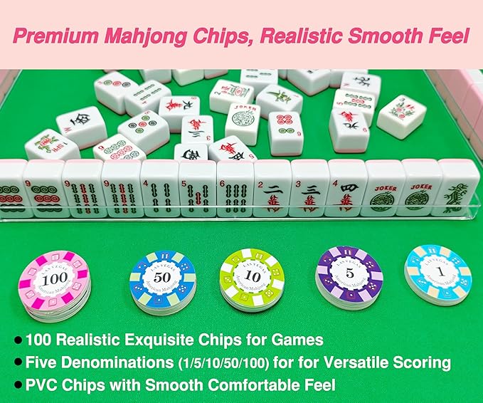 American Mahjong Tile Set – Complete 166 Tiles with Deluxe Accessories, 4 Racks, 100 Colorful Chips, Instruction Book & 1+3 Mahjong-Themed Storage Bags, Portable Mahjong Set for Family Fun & Holidays