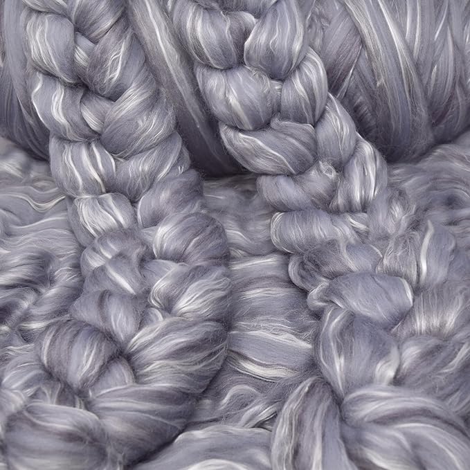 Merino Silk Luxe Tonal Designer Blend. Superfine Merino, Mulberry, Tussah Silk. Top Roving for Spinning or Felting. Silver Mist 1oz
