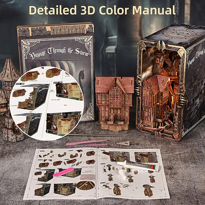 Book Nook Kit - DIY Miniature House Dollhouse Kit for Adults and Teens, Medieval Fantasy Viking Theme Bookshelf Decor 3D Wooden Puzzle Bookend, Gifts for Family, Friends (Voyage Through The Storm)