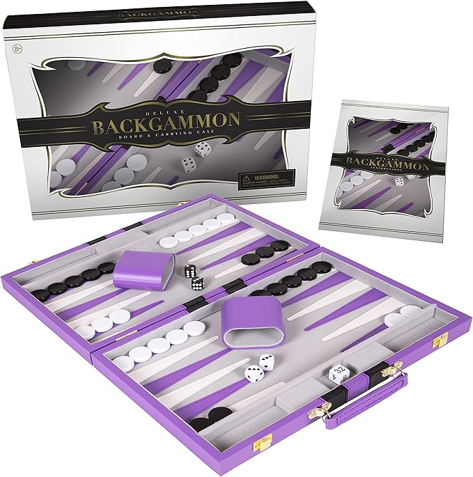 Backgammon Set 15 inch, Large - Classic Board Game for Adults and Kids with Premium Leather Case - Includes Strategy & Tip Guide (Purple)